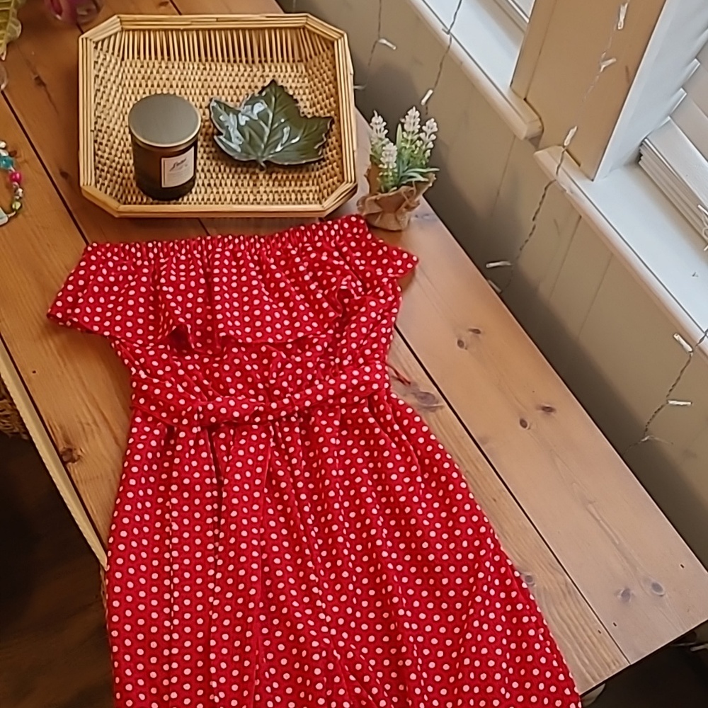 Red And White Polka Dot Strapless Full-Length Jumpsuit